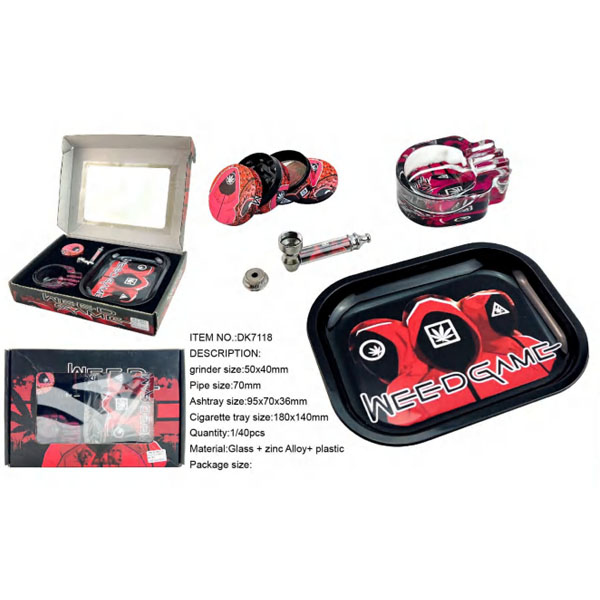 DK7118 weed game smoking gift set metal pipe with grinder glass ashtray rolling tray