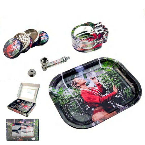 DK7115 One Love Smoking Kit gift set metal pipe with grinder glass ashtray rolling tray
